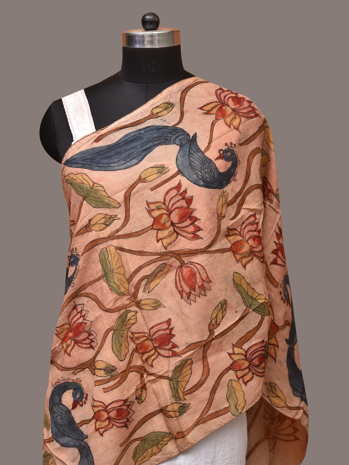 Cream Kalamkari Hand Painted Sico Stole with Lotus and Peacocks Design - Global Threads - Distacart