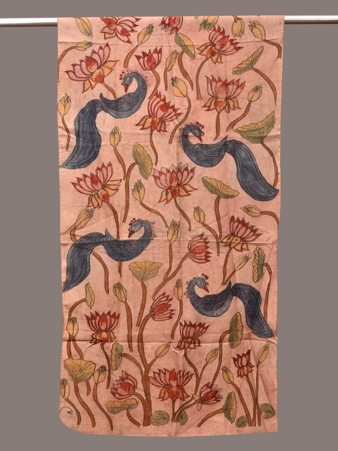 Cream Kalamkari Hand Painted Sico Stole with Lotus and Peacocks Design - Global Threads - Distacart