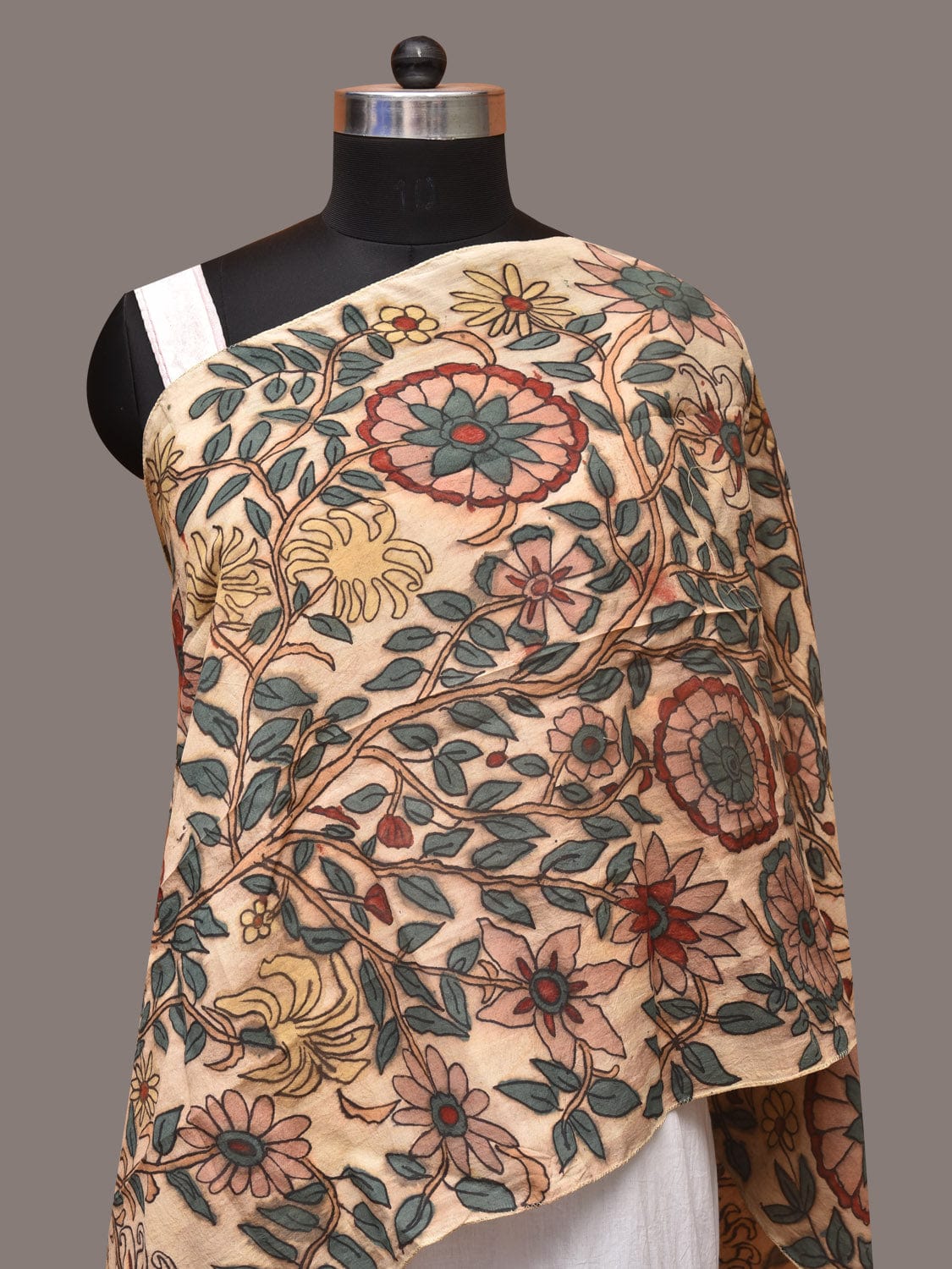 Cream Kalamkari Hand Painted Sico Stole with Tree of Life Design - Global Threads - Distacart