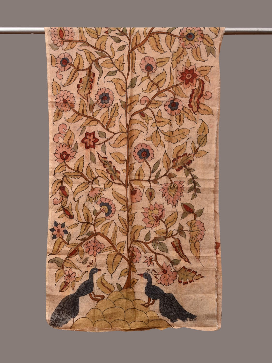 Cream Kalamkari Hand Painted Sico Stole with Tree of Life Design - Global Threads - Distacart