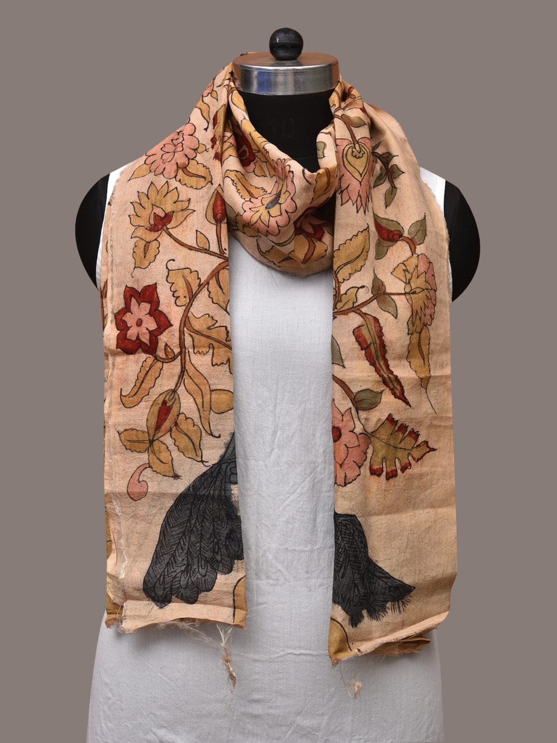 Cream Kalamkari Hand Painted Sico Stole with Tree of Life Design - Global Threads - Distacart