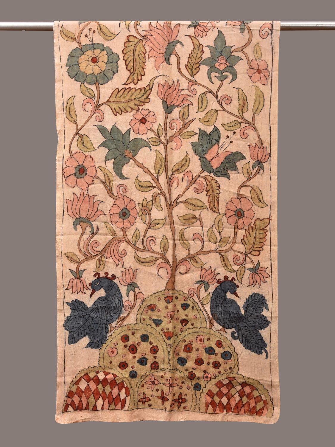 Cream Kalamkari Hand Painted Sico Stole with Tree of Life Design - Global Threads - Distacart