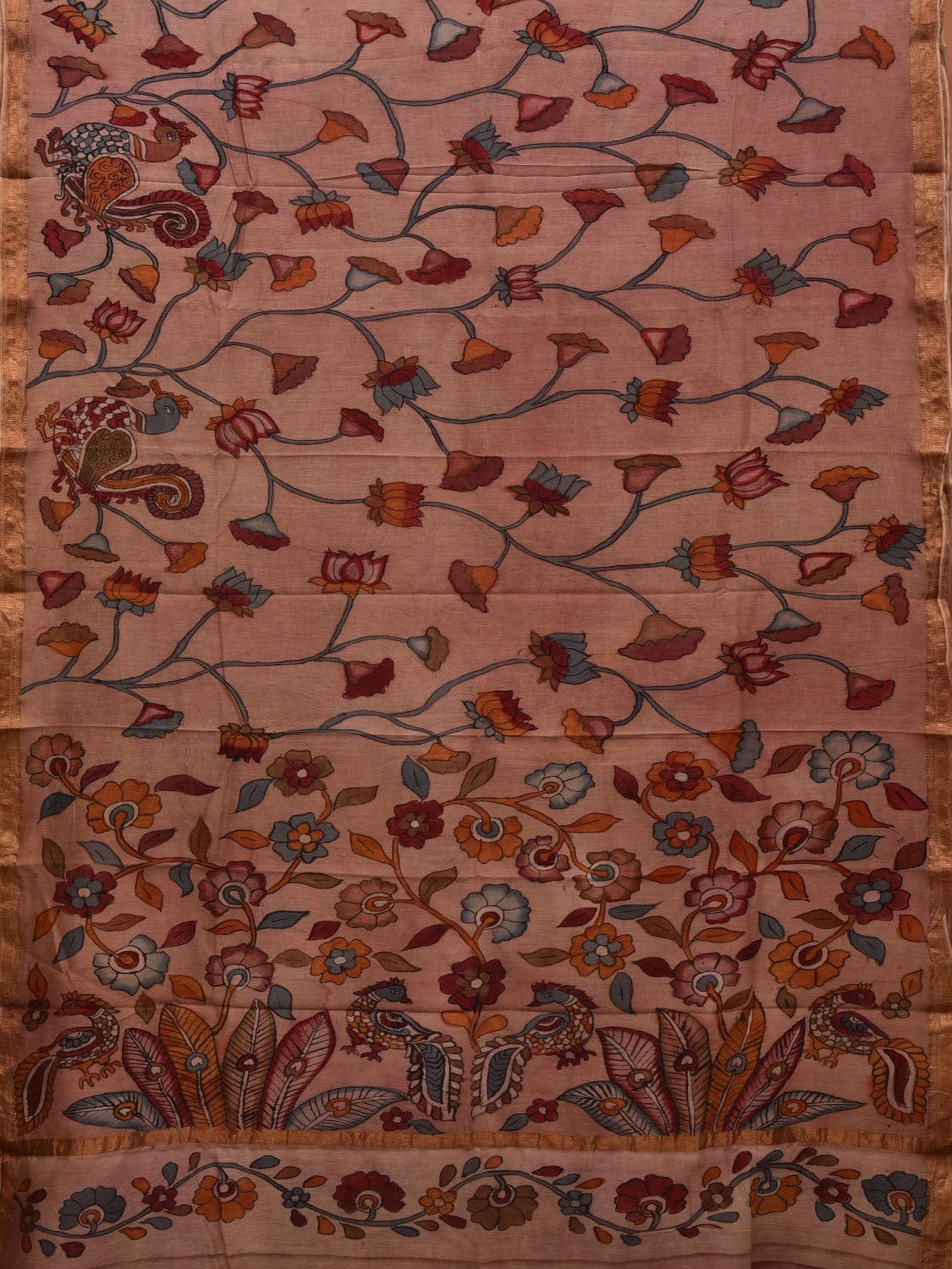 Cream Kalamkari Hand Painted Silk Muga Handloom Saree with Lotus and Birds Design - Global Threads - Distacart