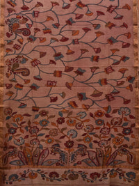 Thumbnail for Cream Kalamkari Hand Painted Silk Muga Handloom Saree with Lotus and Birds Design - Global Threads - Distacart