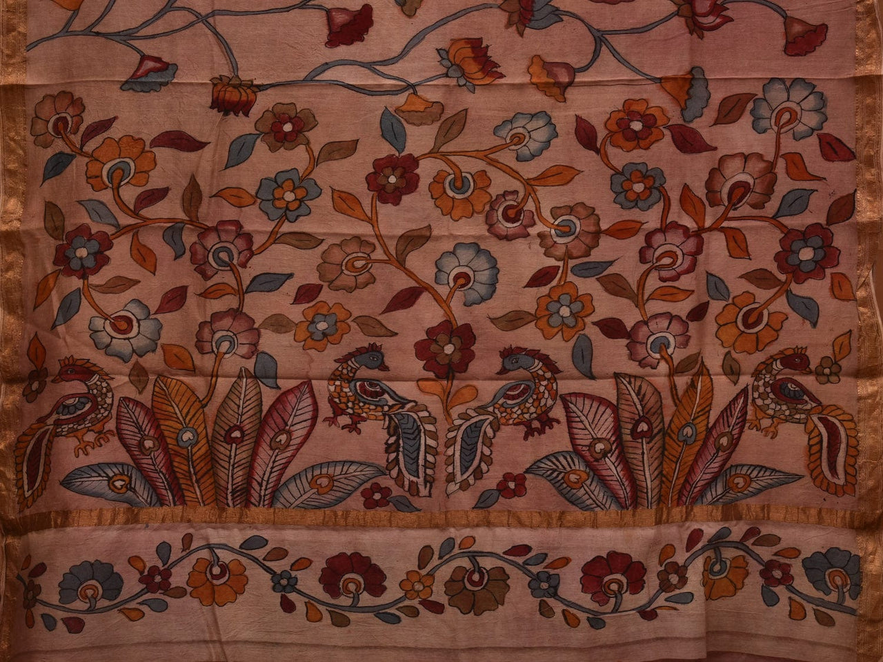 Cream Kalamkari Hand Painted Silk Muga Handloom Saree with Lotus and Birds Design - Global Threads - Distacart