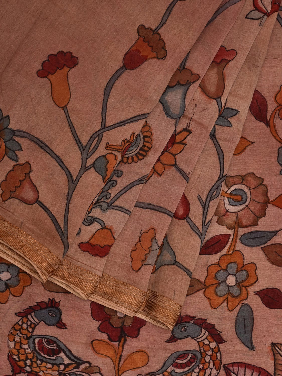 Cream Kalamkari Hand Painted Silk Muga Handloom Saree with Lotus and Birds Design - Global Threads - Distacart