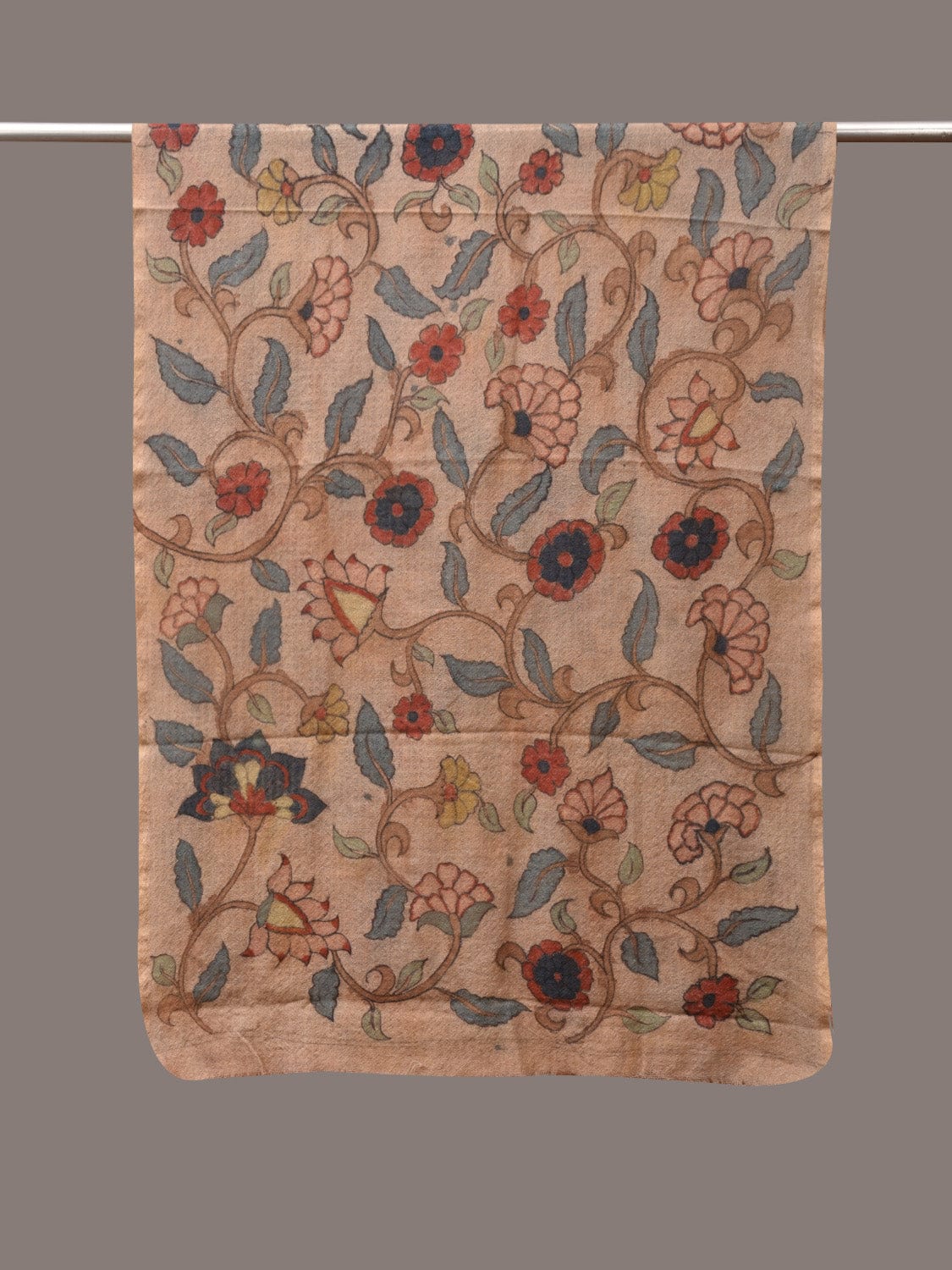 Cream Kalamkari Hand Painted Woolen Handloom Stole with Floral Design - Global Threads - Distacart