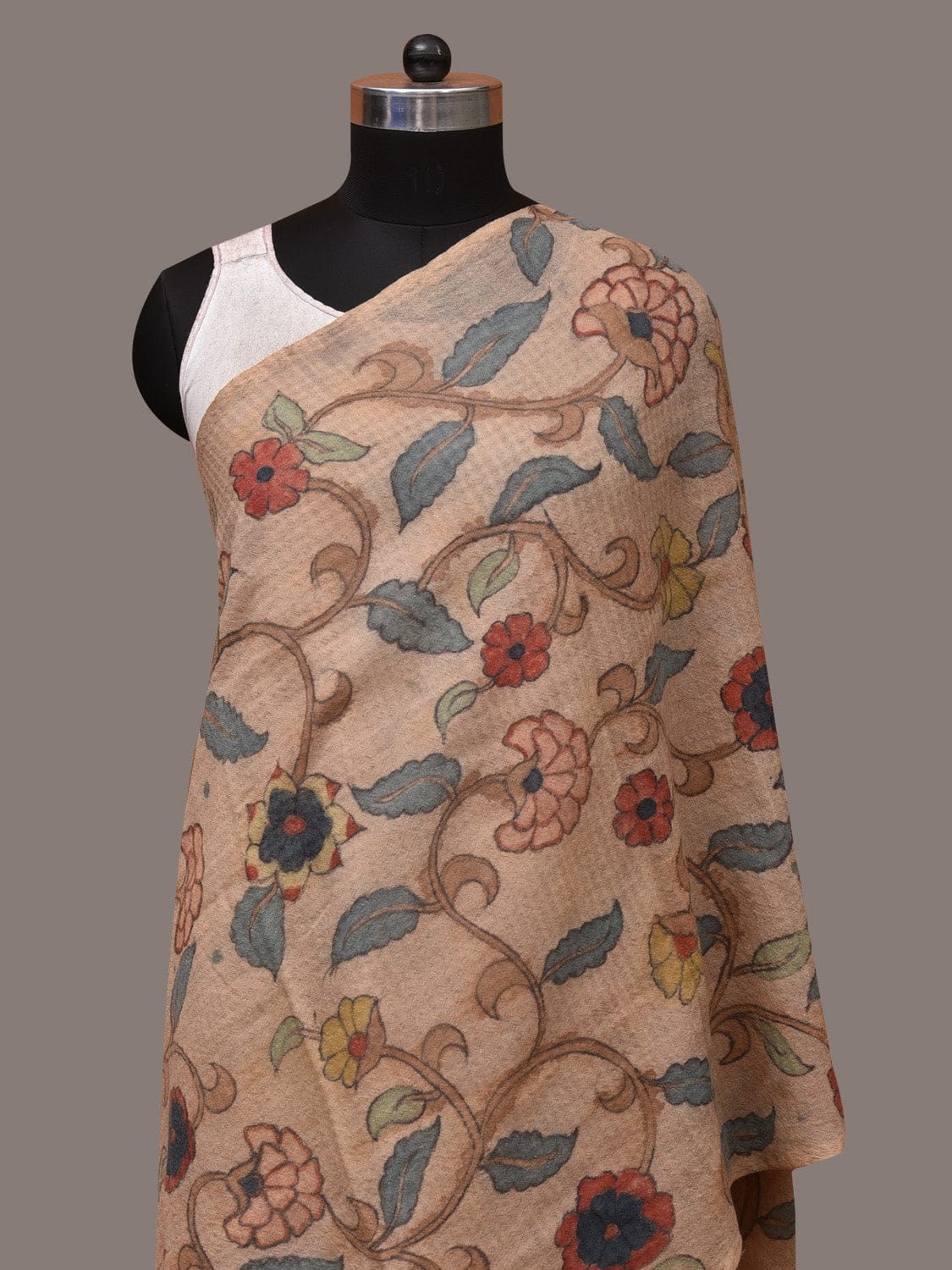 Cream Kalamkari Hand Painted Woolen Handloom Stole with Floral Design - Global Threads - Distacart