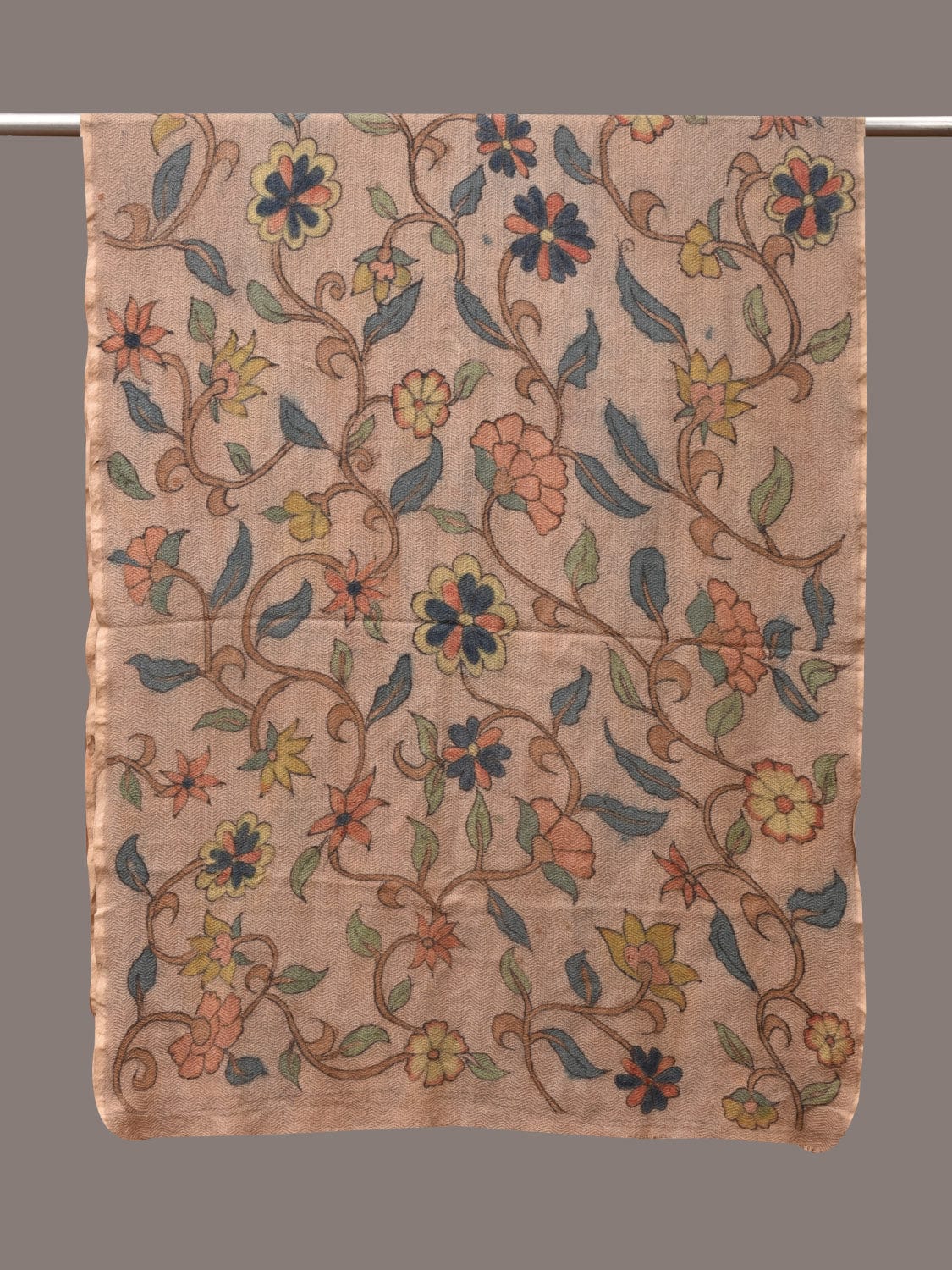 Cream Kalamkari Hand Painted Woolen Handloom Stole with Floral Design - Global Threads - Distacart