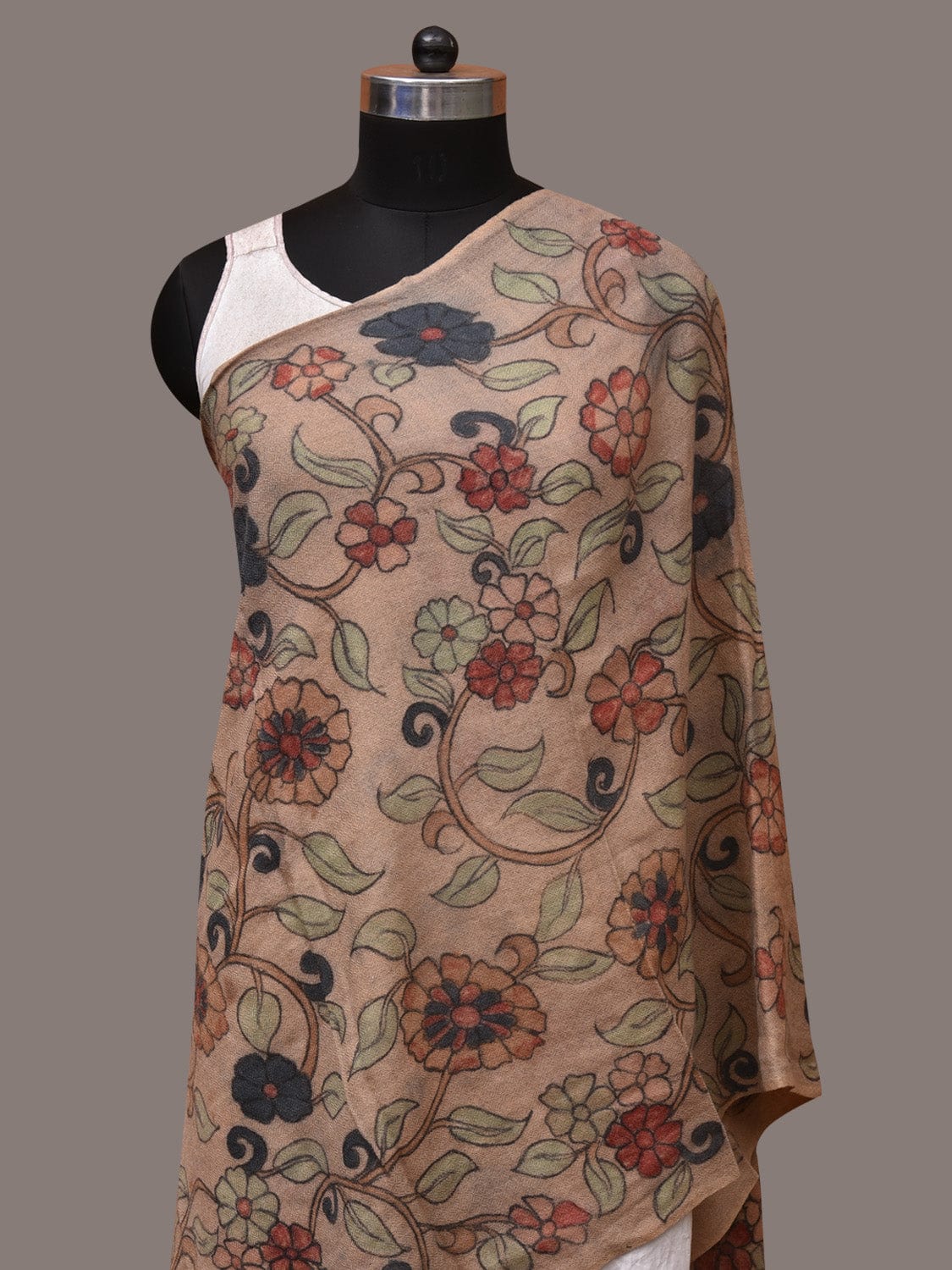 Cream Kalamkari Hand Painted Woolen Handloom Stole with Floral Design - Global Threads - Distacart