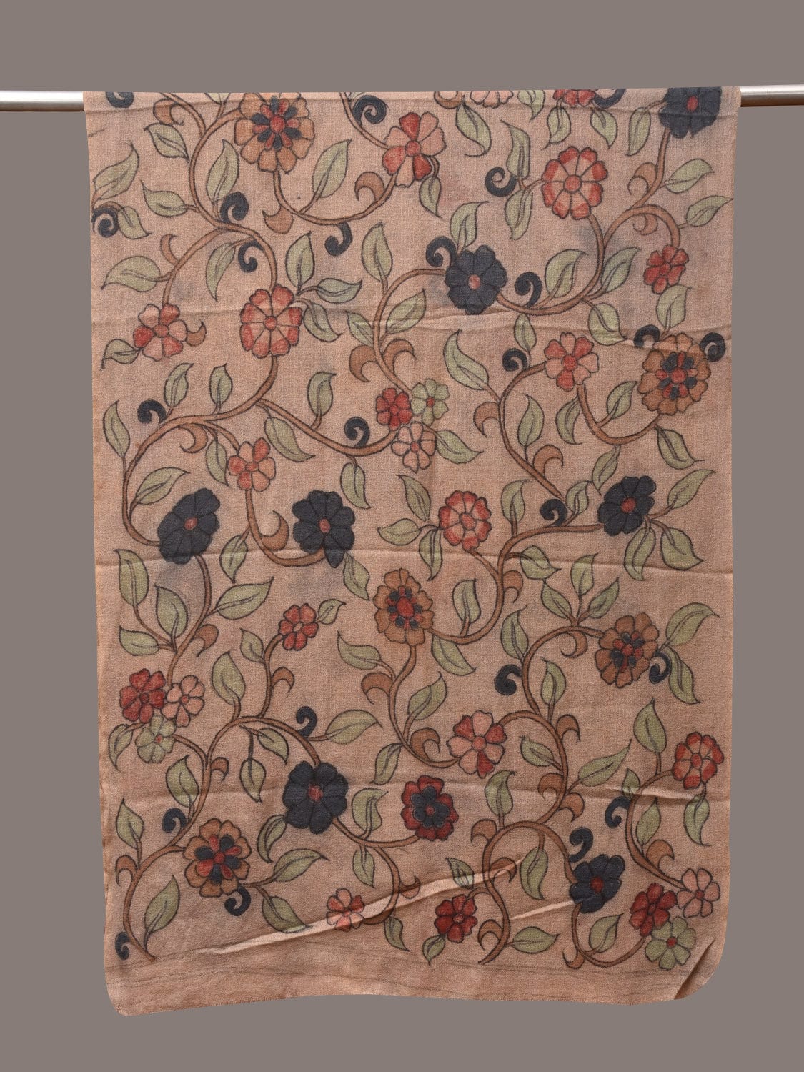 Cream Kalamkari Hand Painted Woolen Handloom Stole with Floral Design - Global Threads - Distacart