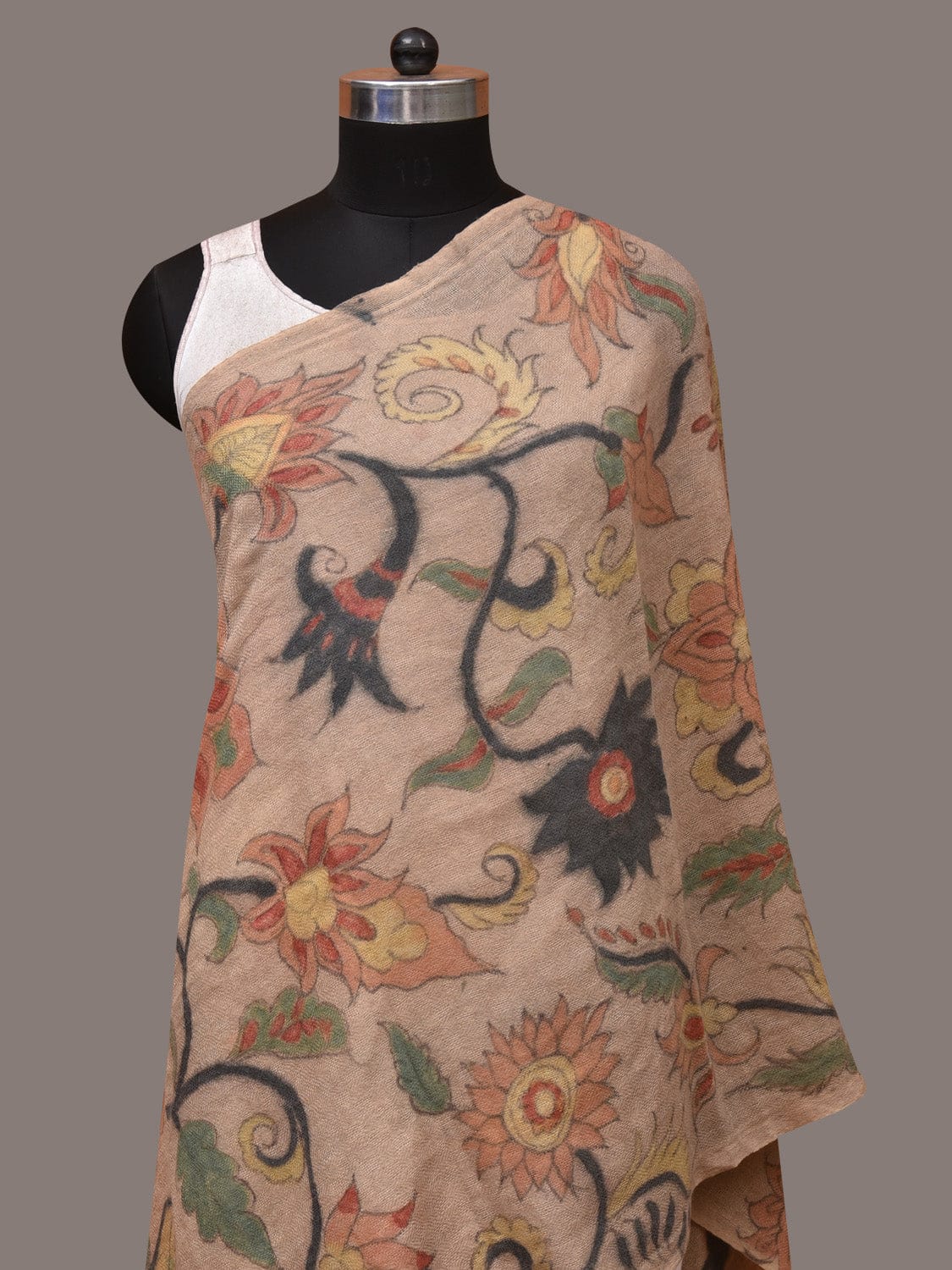 Cream Kalamkari Hand Painted Woolen Handloom Stole with Floral Design - Global Threads - Distacart
