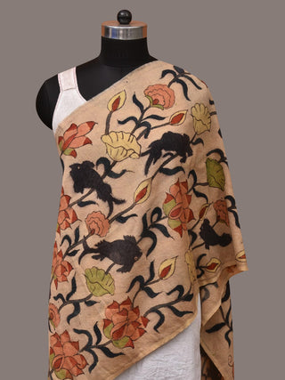 Cream Kalamkari Hand Painted Woolen Handloom Stole with Lotus and Fish Design - Global Threads - Distacart