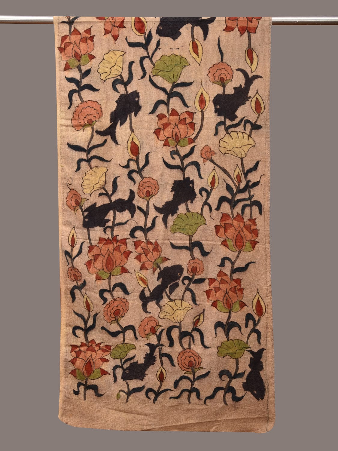 Cream Kalamkari Hand Painted Woolen Handloom Stole with Lotus and Fish Design - Global Threads - Distacart