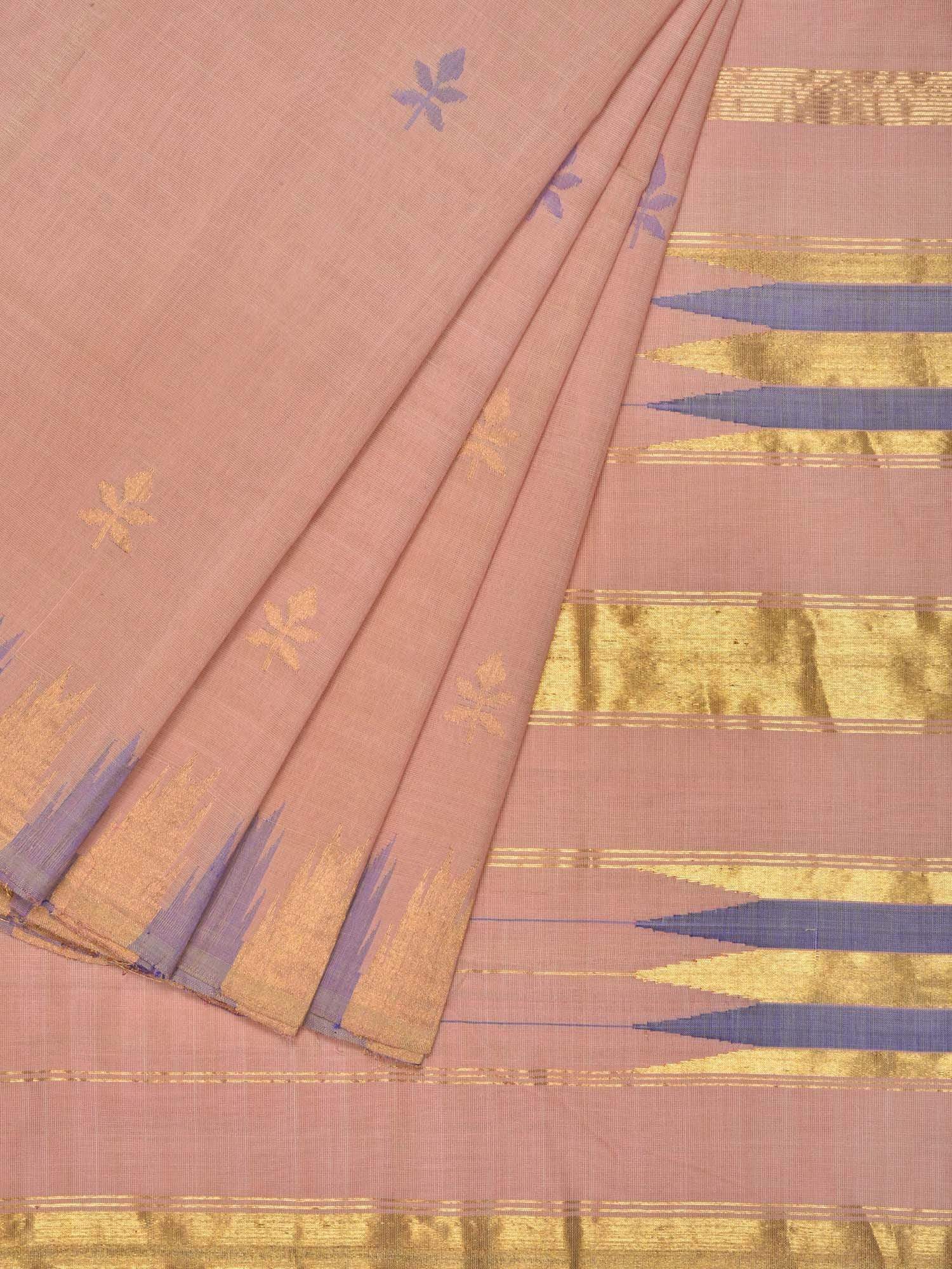 Cream Khadi Cotton Handloom Saree with Jamdani Buta and Temple Border Design - Global Threads - Distacart