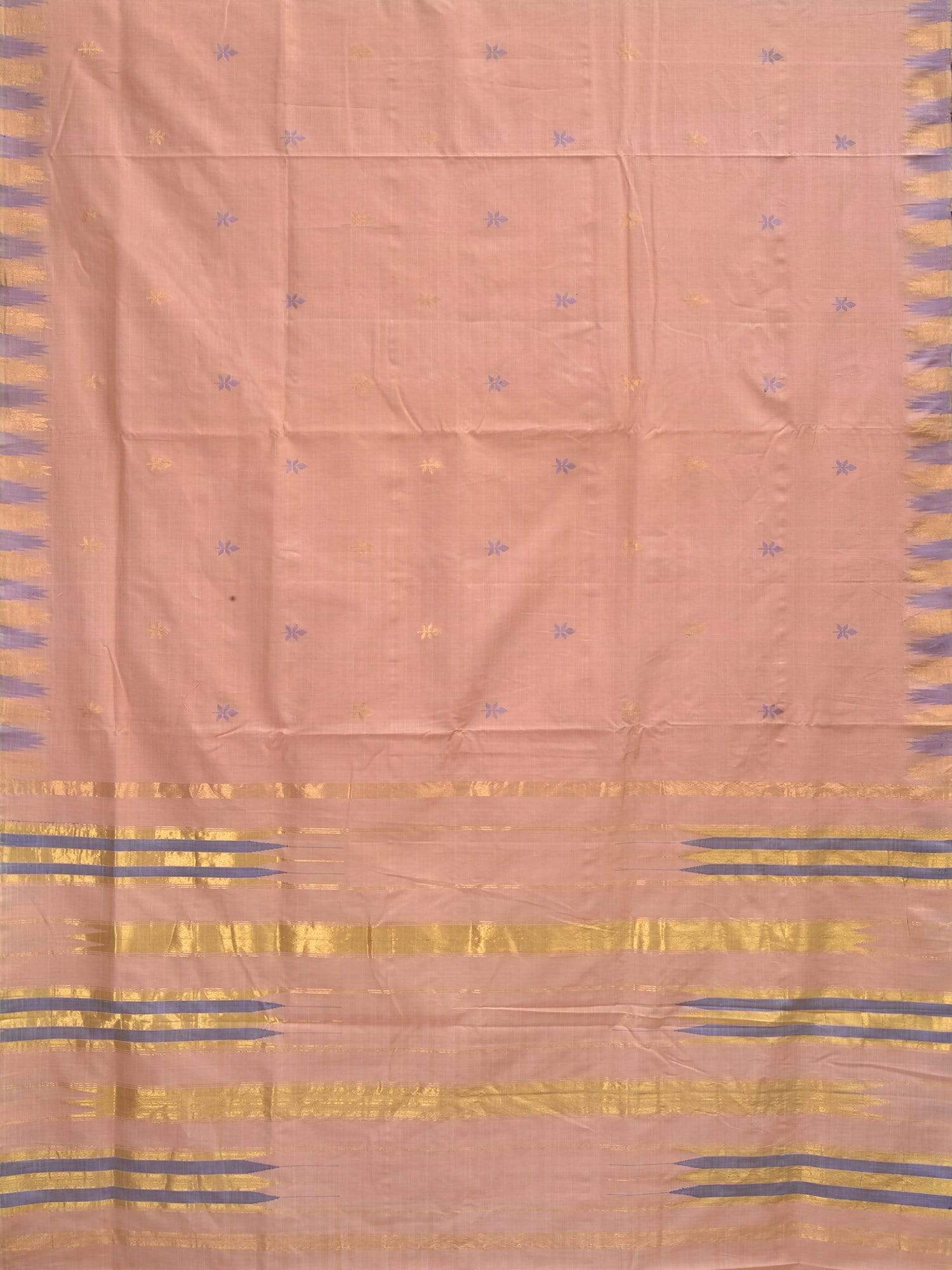 Cream Khadi Cotton Handloom Saree with Jamdani Buta and Temple Border Design - Global Threads - Distacart