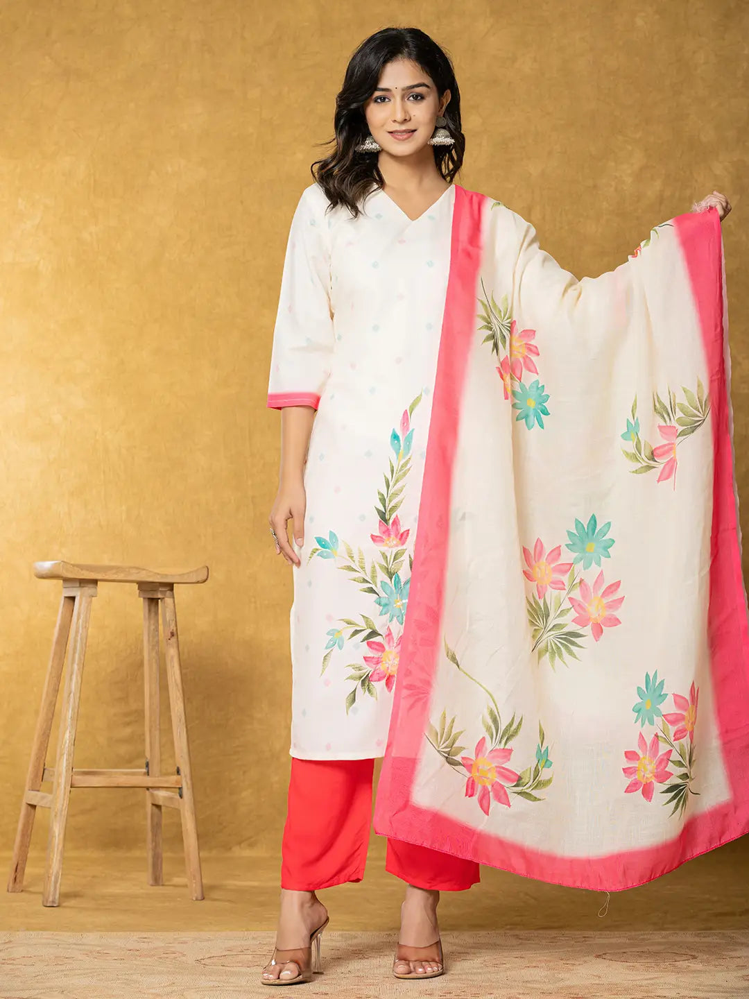 Yufta Cream Linen Floral Kurta Dupatta Pant Set - Distacart