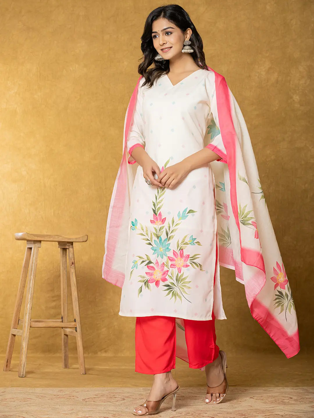Yufta Cream Linen Floral Kurta Dupatta Pant Set - Distacart