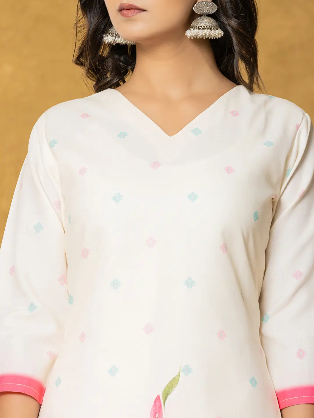 Yufta Cream Linen Floral Kurta Dupatta Pant Set