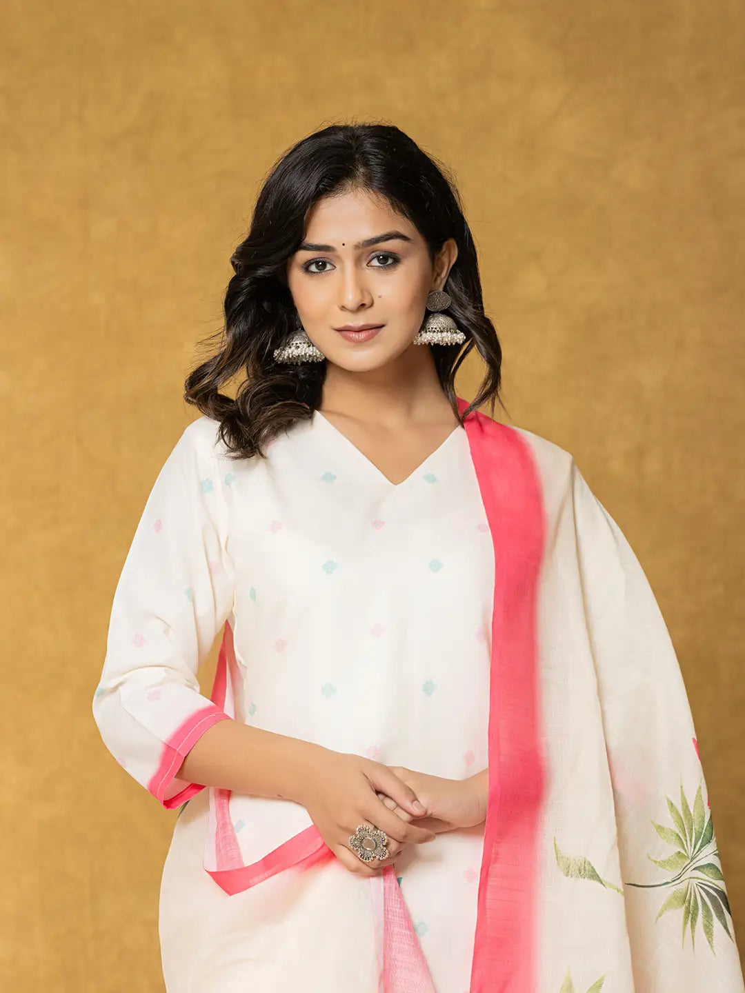 Yufta Cream Linen Floral Kurta Dupatta Pant Set