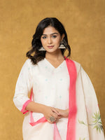 Thumbnail for Yufta Cream Linen Floral Kurta Dupatta Pant Set