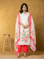 Thumbnail for Yufta Cream Linen Floral Kurta Dupatta Pant Set