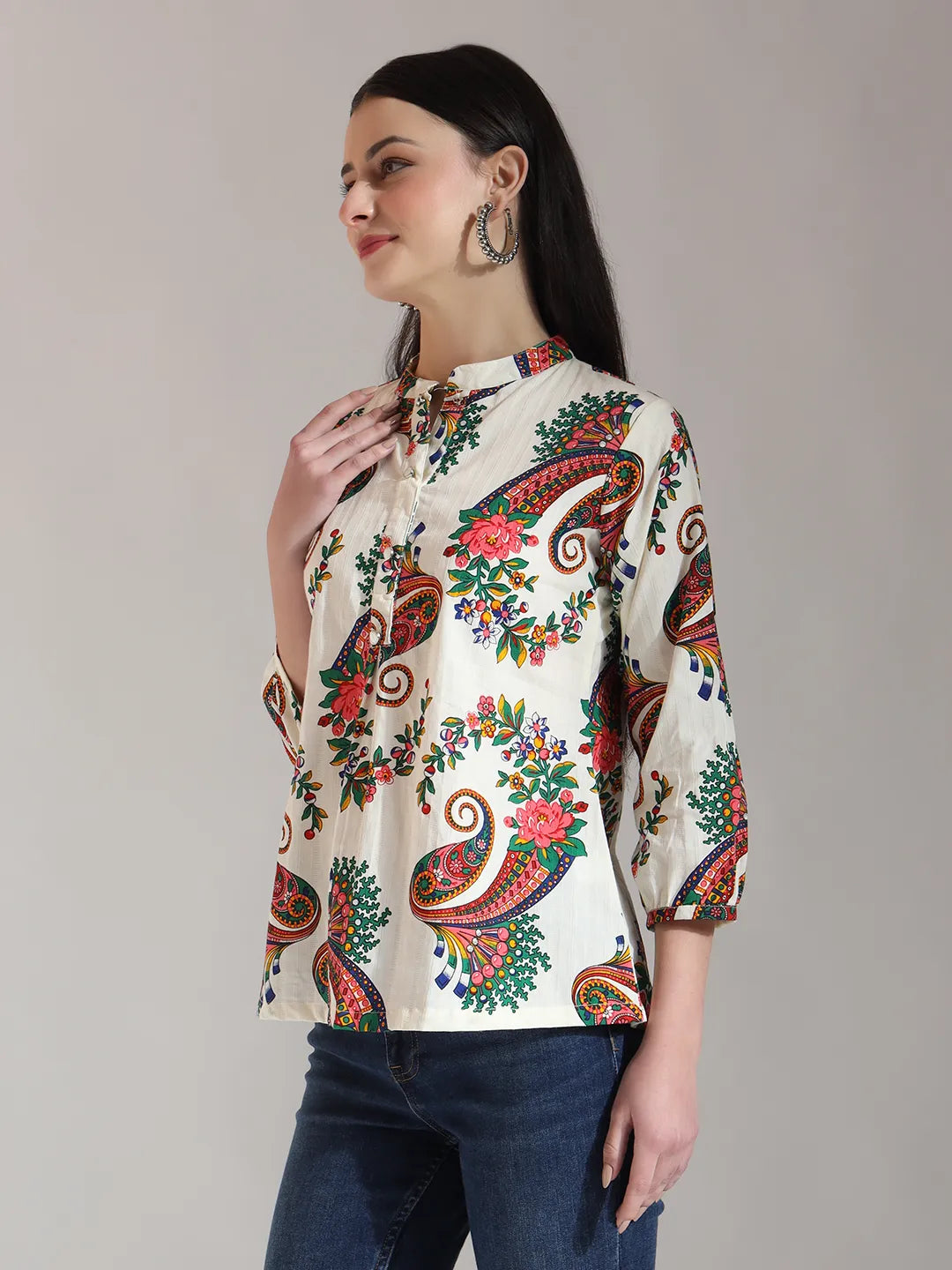 Yufta Cream Pure Cotton Paisley Peplum Top - Distacart