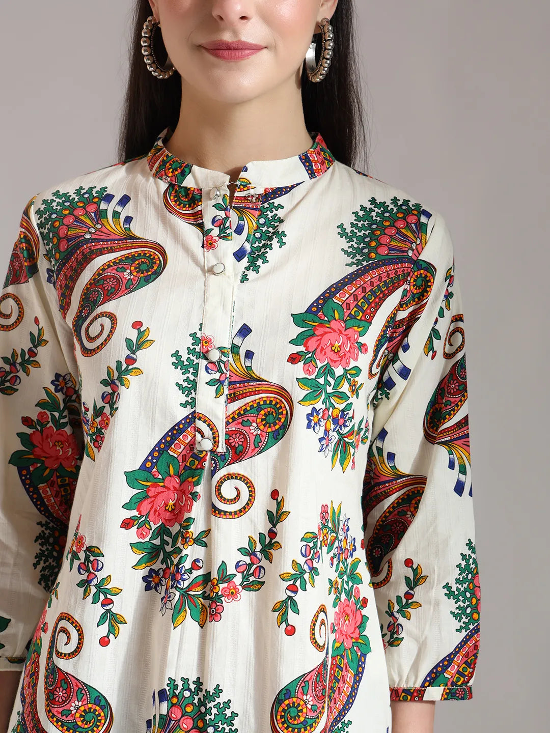 Yufta Cream Pure Cotton Paisley Peplum Top - Distacart