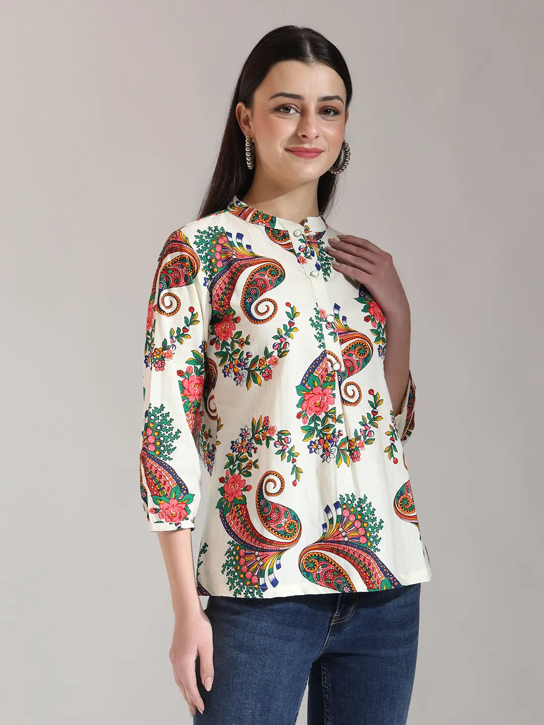 Yufta Cream Pure Cotton Paisley Peplum Top - Distacart