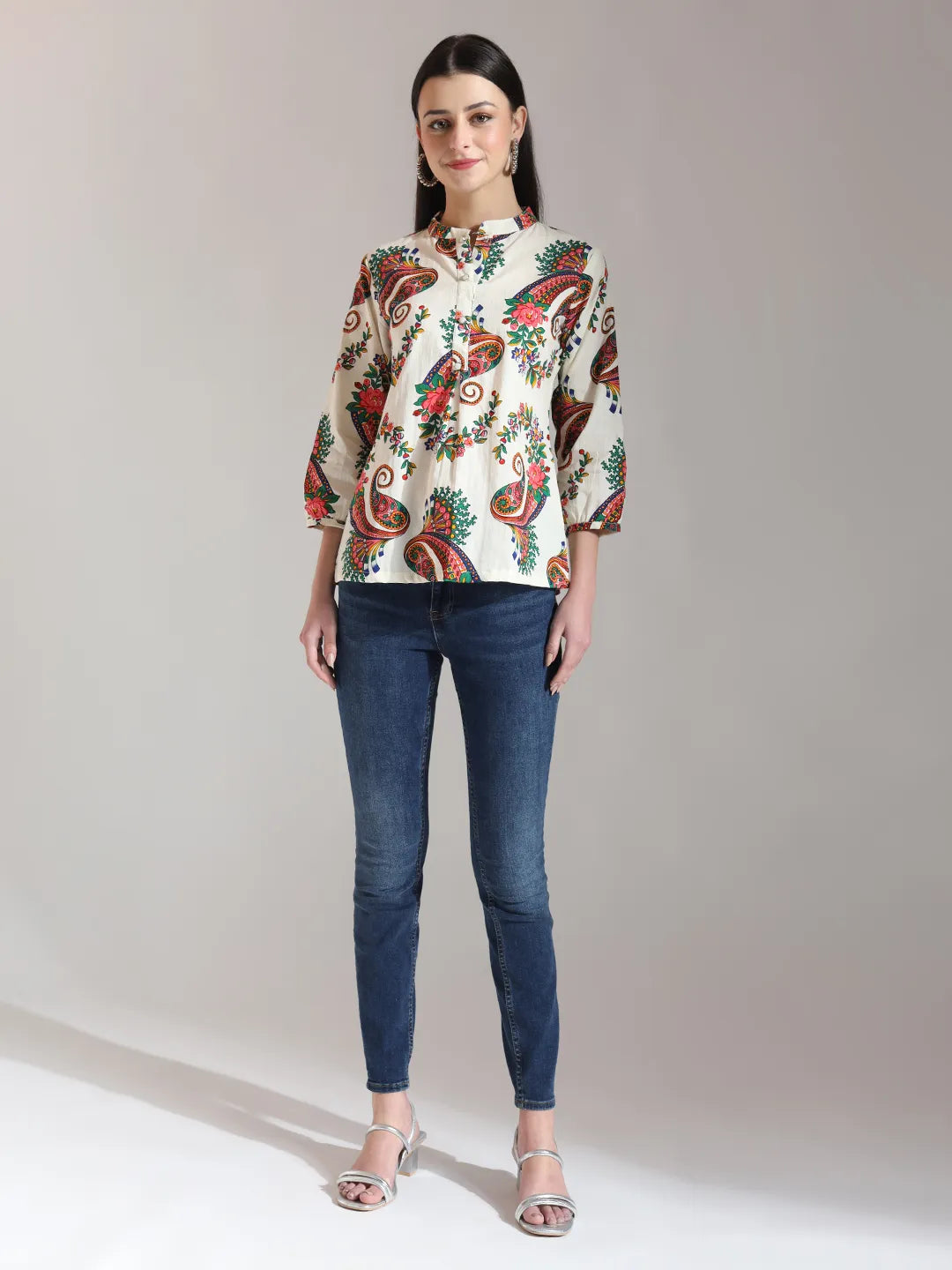 Yufta Cream Pure Cotton Paisley Peplum Top - Distacart