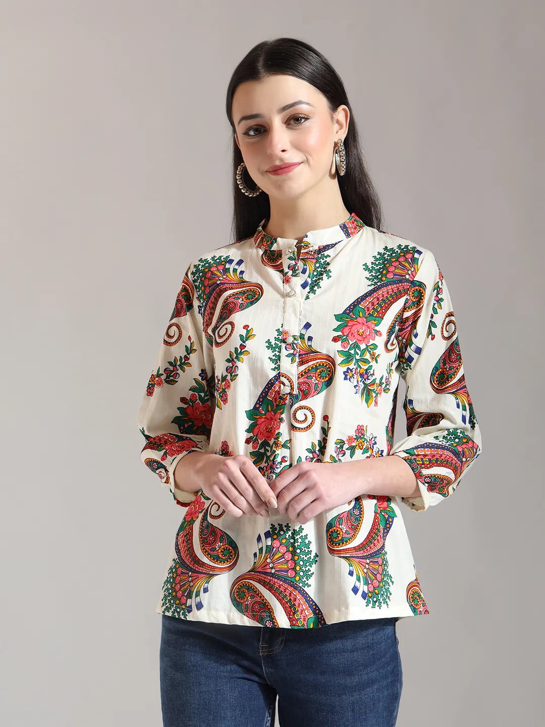 Yufta Cream Pure Cotton Paisley Peplum Top - Distacart