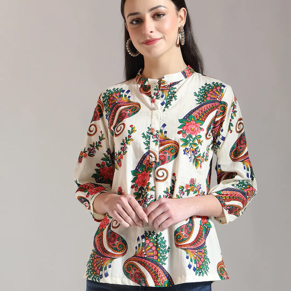 Yufta Cream Pure Cotton Paisley Peplum Top - Distacart