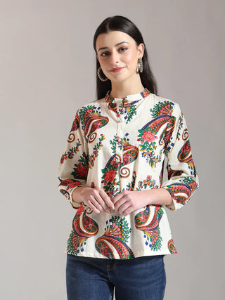 Yufta Cream Pure Cotton Paisley Peplum Top