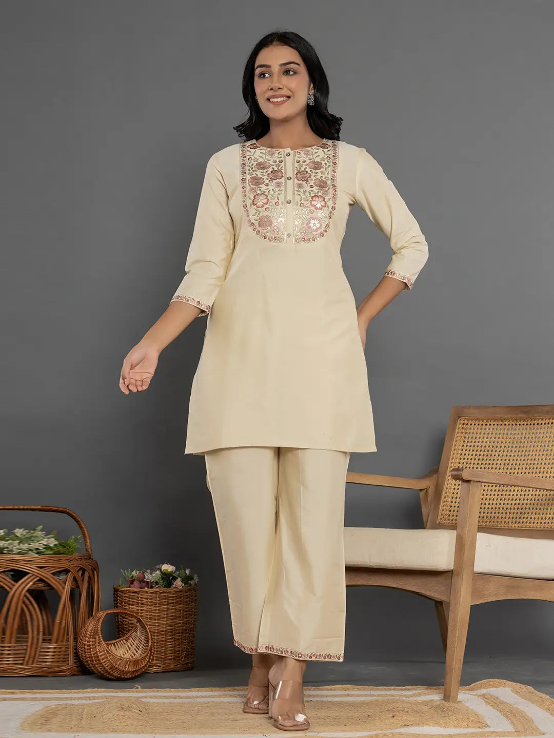 Yufta Cream Thread_Work Shirt And Trouser Silk Blend Co-Ord Set - Distacart