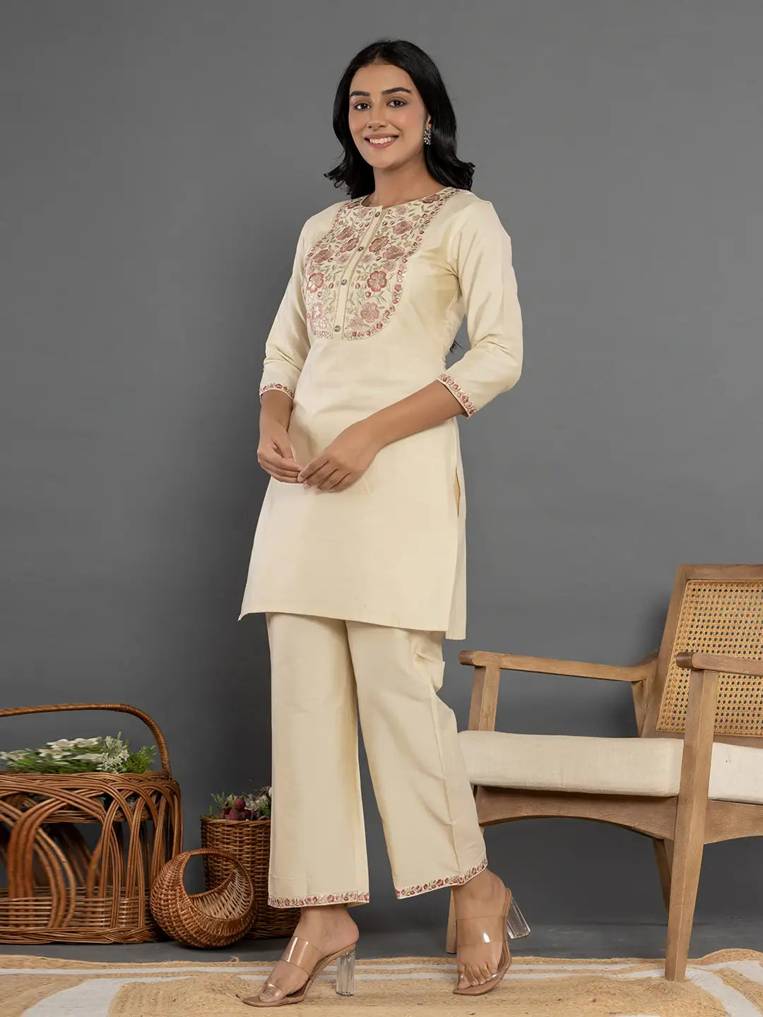 Yufta Cream Thread_Work Shirt And Trouser Silk Blend Co-Ord Set - Distacart