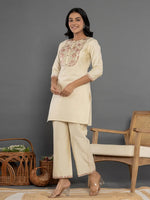 Thumbnail for Yufta Cream Thread_Work Shirt And Trouser Silk Blend Co-Ord Set