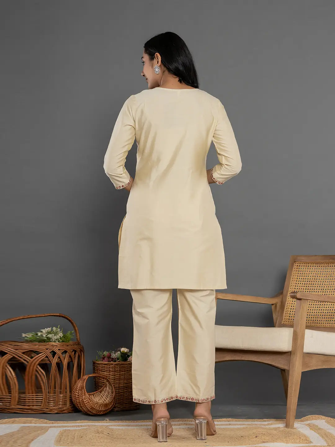 Yufta Cream Thread_Work Shirt And Trouser Silk Blend Co-Ord Set
