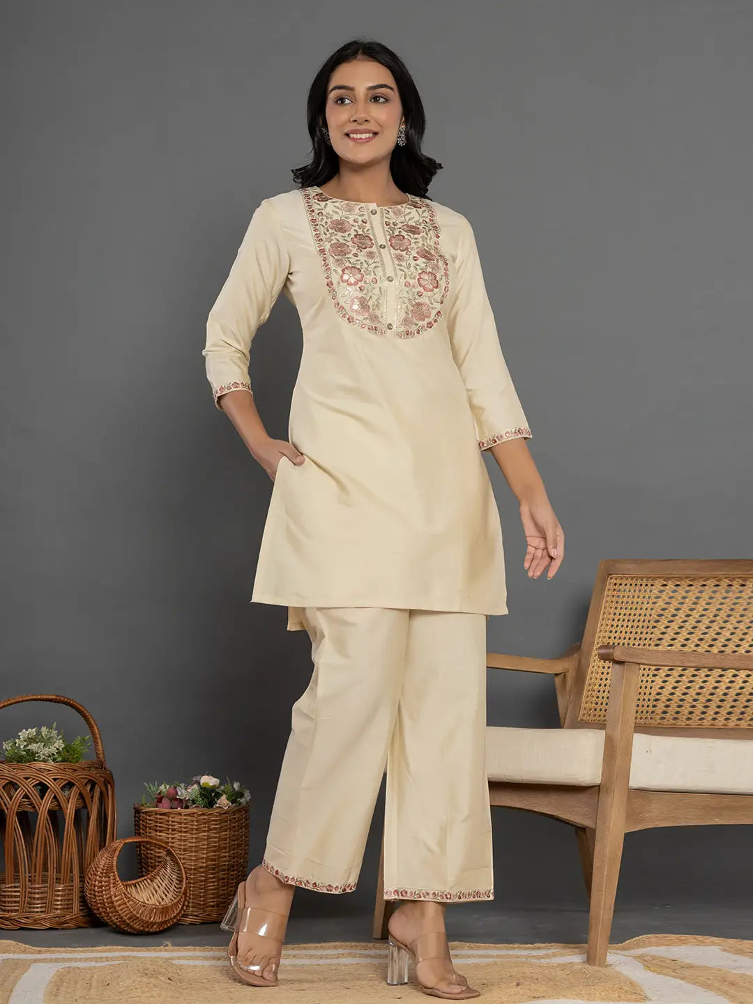 Yufta Cream Thread_Work Shirt And Trouser Silk Blend Co-Ord Set
