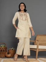 Thumbnail for Yufta Cream Thread_Work Shirt And Trouser Silk Blend Co-Ord Set