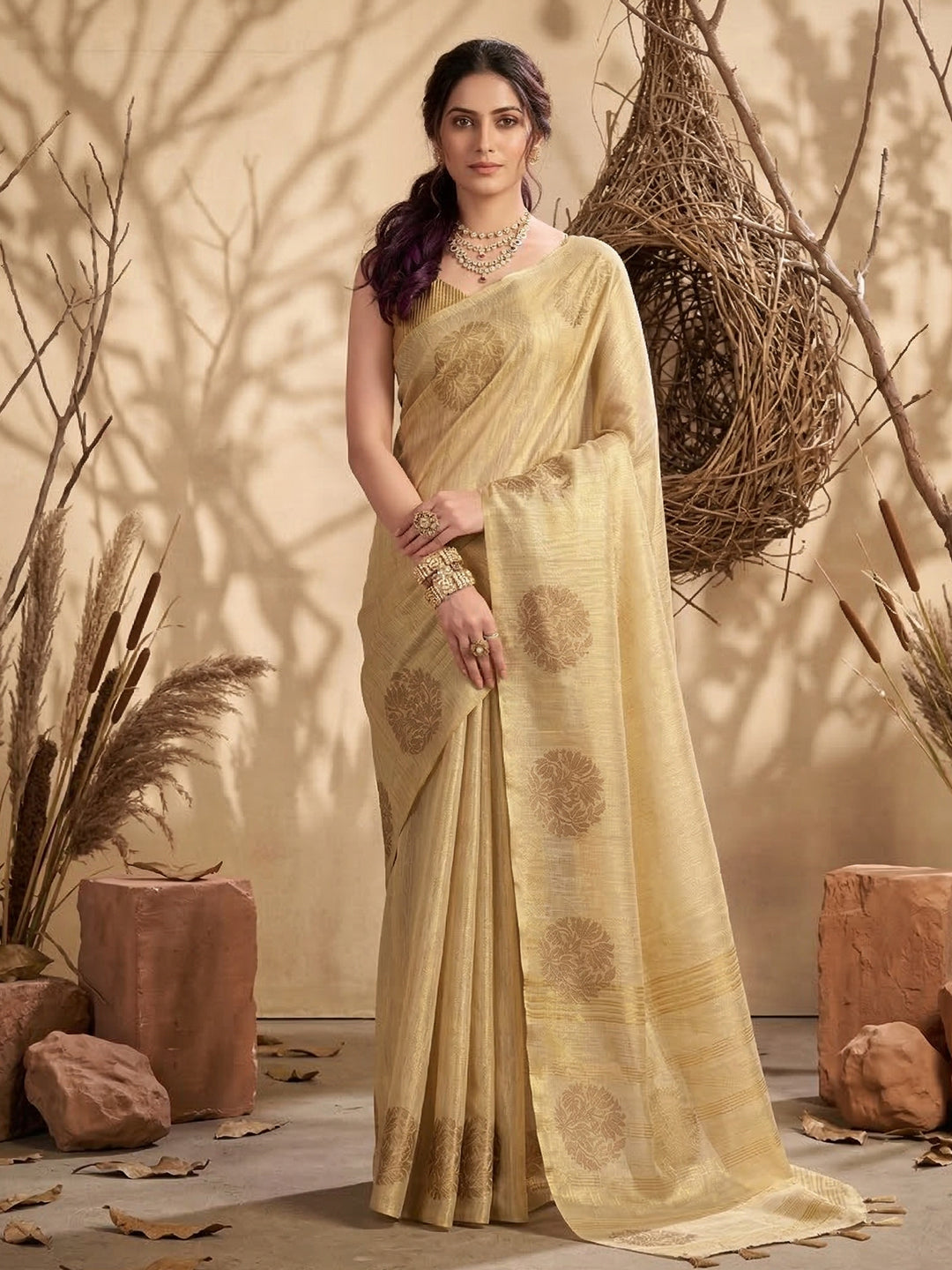 Anaita Cream Tissue Silk Woven Saree With Blouse - Dista