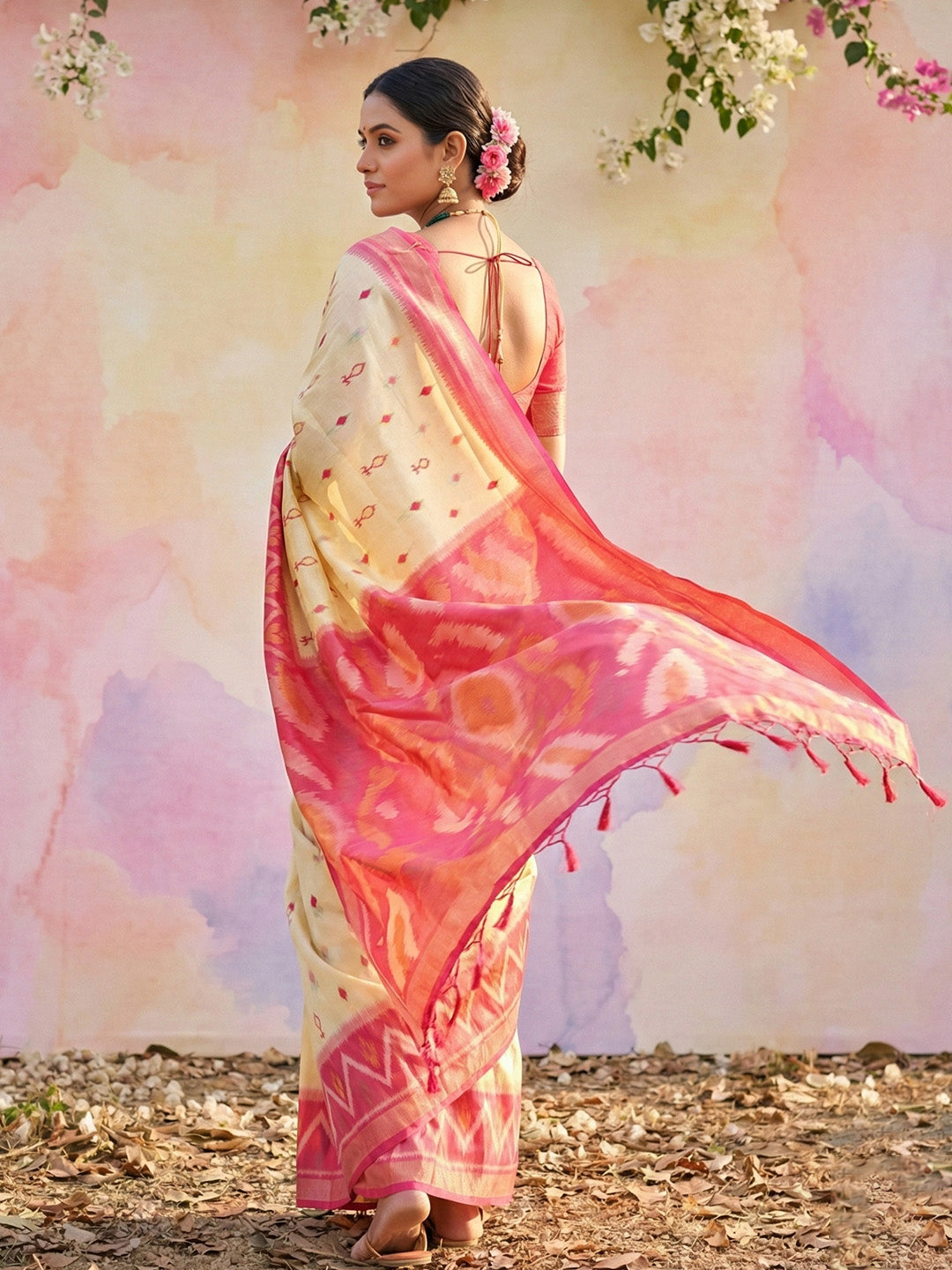 Anaita Cream Soft Silk Printed Saree With Blouse - Dista
