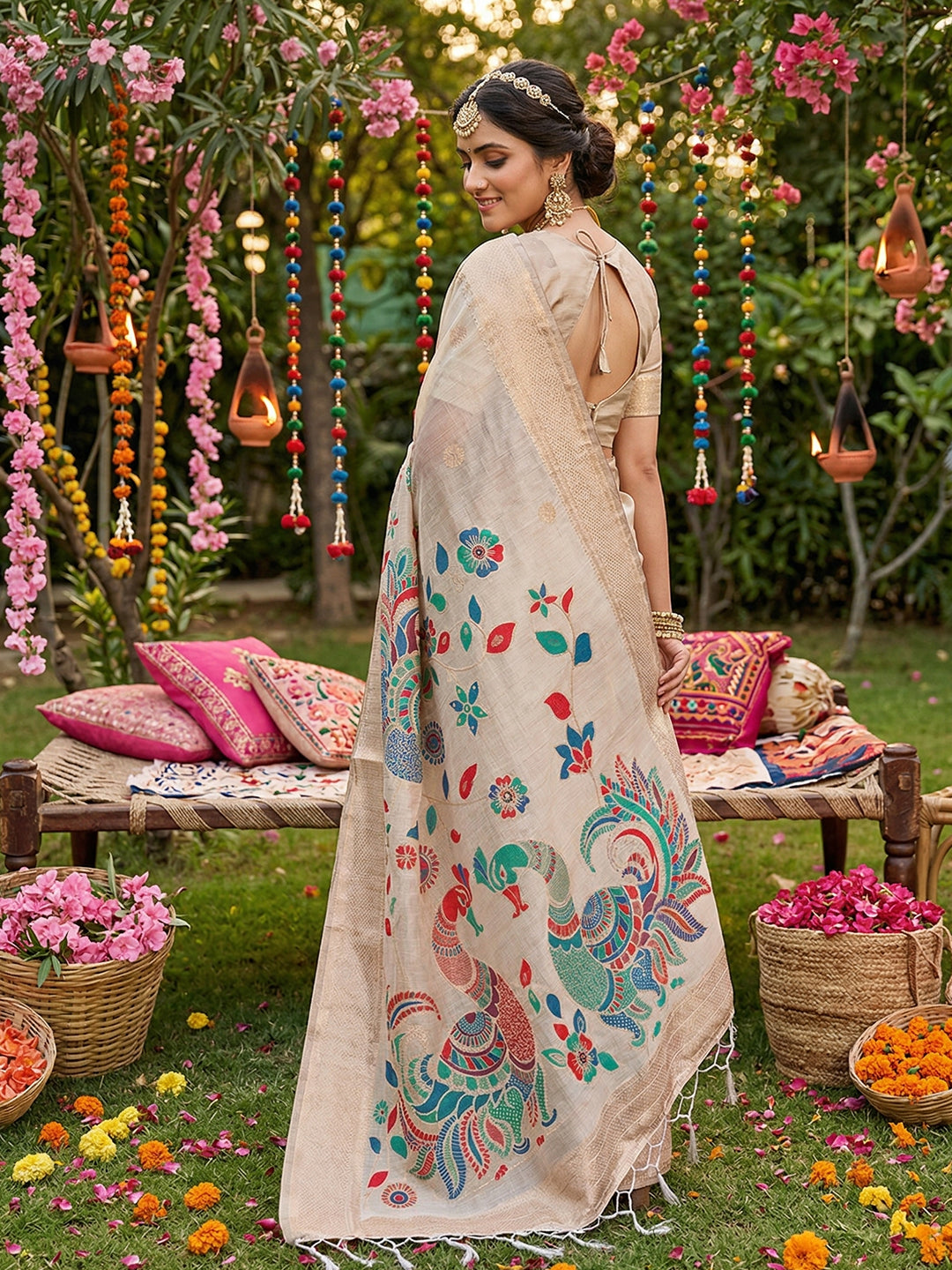 Anaita Cream Linen Cotton Woven Saree With Blouse - Dista