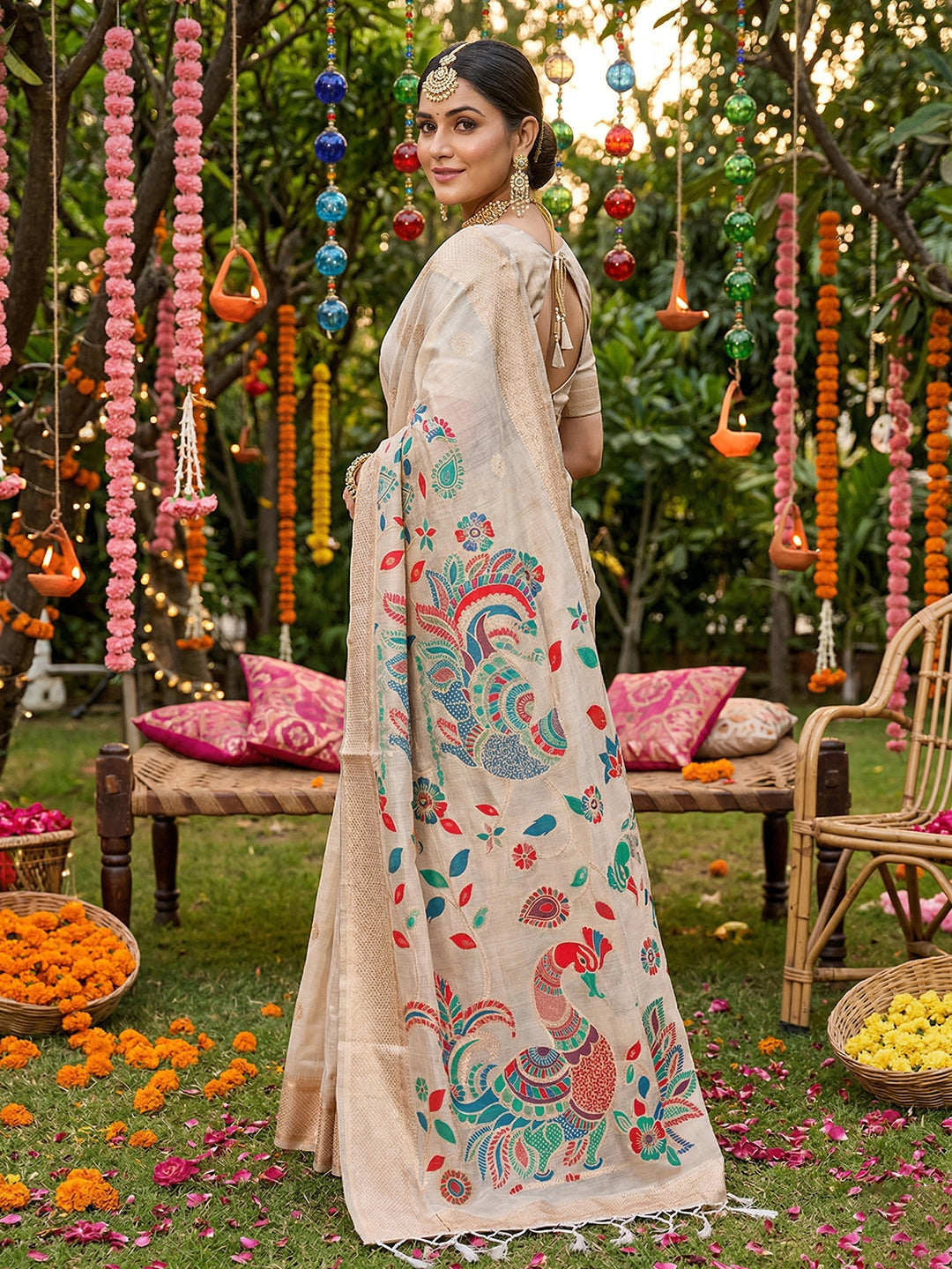 Anaita Cream Linen Cotton Woven Saree With Blouse - Dista