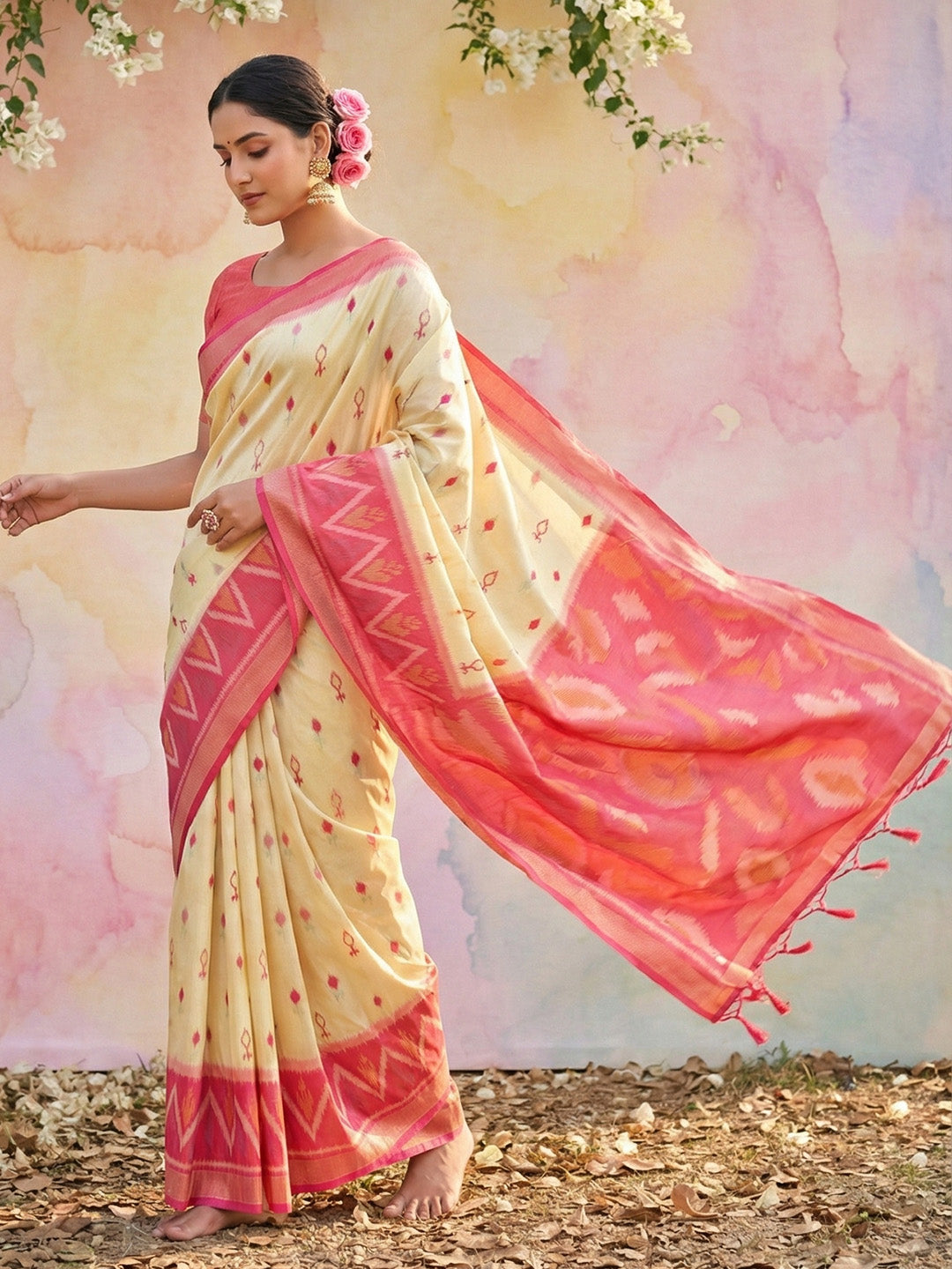 Anaita Cream Soft Silk Printed Saree With Blouse - Dista
