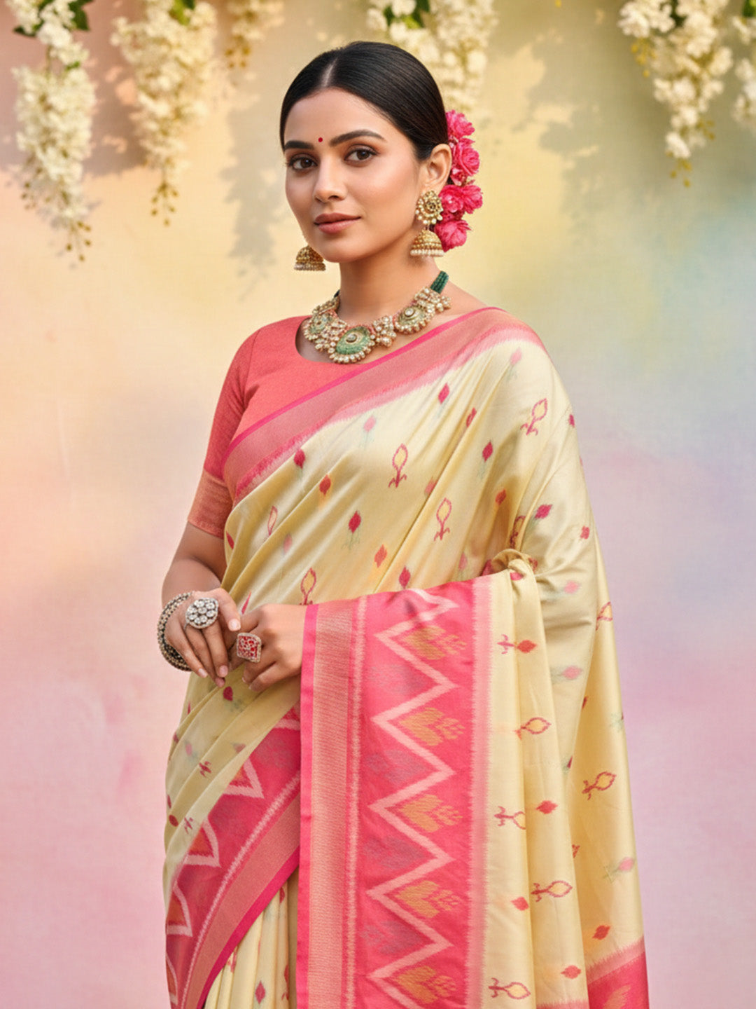 Anaita Cream Soft Silk Printed Saree With Blouse - Dista