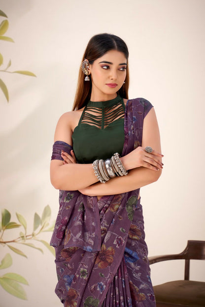Vastranavya Wine Lurex Brasso Floral Printed Saree with Unstitched Blouse - Distacart