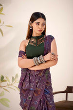 Thumbnail for Vastranavya Wine Lurex Brasso Floral Printed Saree with Unstitched Blouse - Distacart