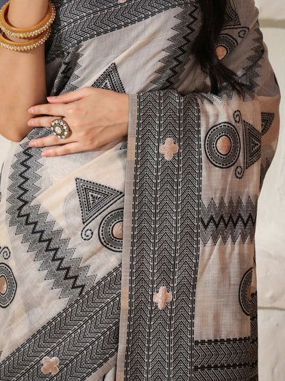 Shree Shyam Fashion Linen Cotton Black & Cream Saree - Distacart