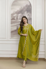 Thumbnail for The52 Light Green Women's Beautiful Vichitra Silk Fabric Embroidered Work Flared Anarkali Pant and Dupatta Set - Distacart