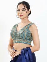 Thumbnail for Joban Fashion Blue Multi Silk Padded Blouse With V Neck Sleeveless